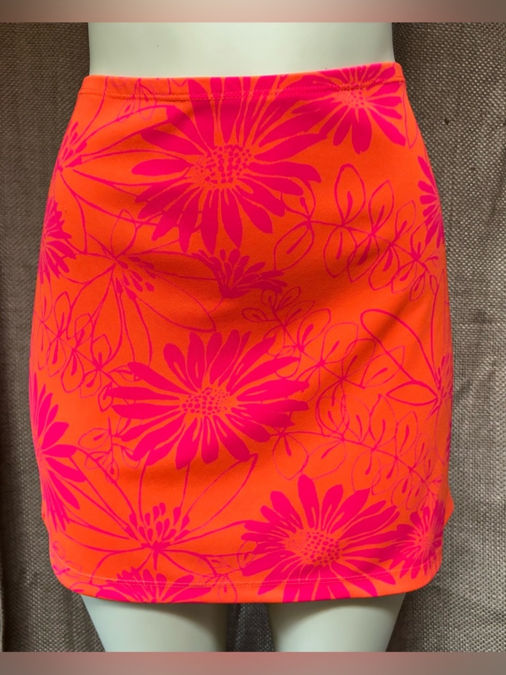 Express Neon Orange & Hot Pink Floral Bodycon Mini Skirt
